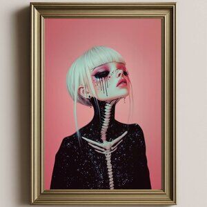 8.5x11 Goth Girl Skeleton Art Print | Surreal Blonde Doll Portrait
